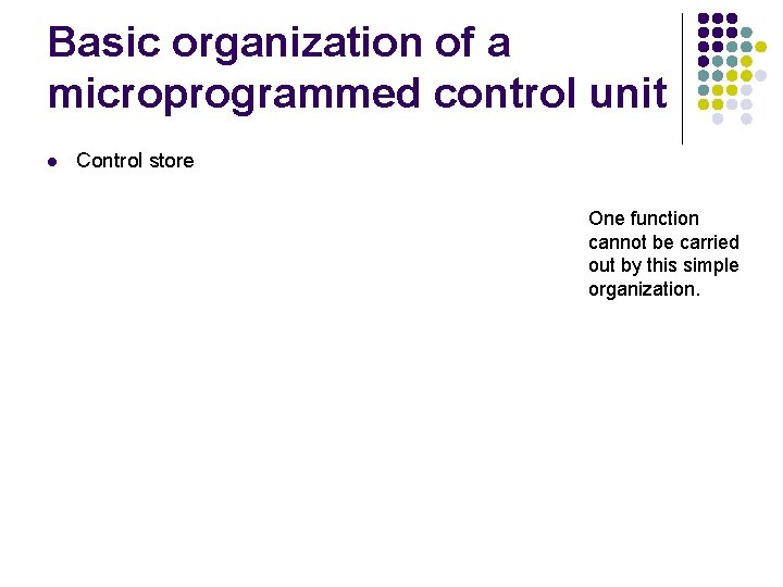 Basic organization of a microprogrammed control unit l Control store One function cannot be