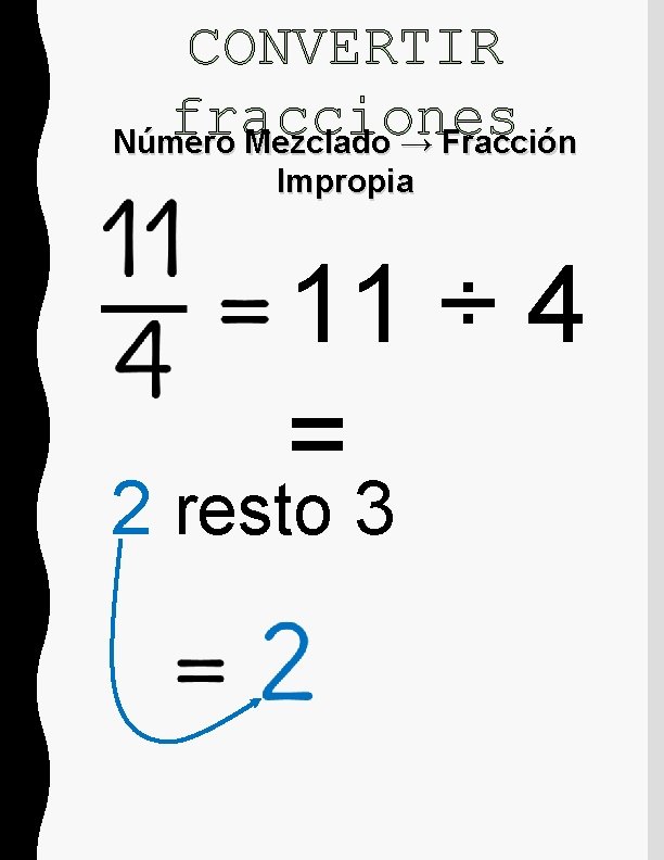 CONVERTIR fracciones Número Mezclado → Fracción Impropia 11 ÷ 4 = 2 resto 3