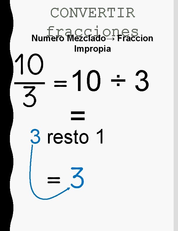 CONVERTIR fracciones Numero Mezclado→ Fraccion Impropia 10 ÷ 3 = 3 resto 1 