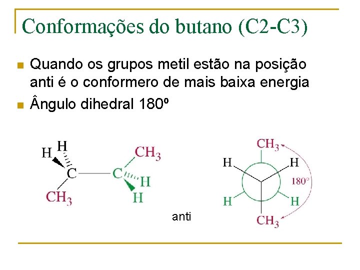 Conformações do butano (C 2 -C 3) n n Quando os grupos metil estão
