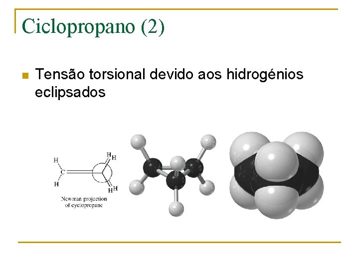 Ciclopropano (2) n Tensão torsional devido aos hidrogénios eclipsados 