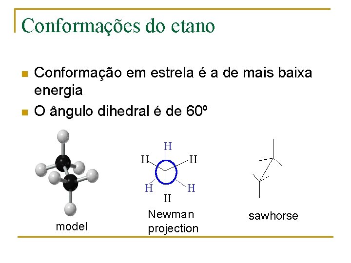 Conformações do etano n n Conformação em estrela é a de mais baixa energia