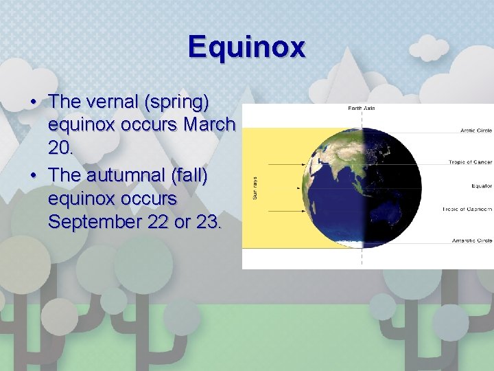 Equinox • The vernal (spring) equinox occurs March 20. • The autumnal (fall) equinox