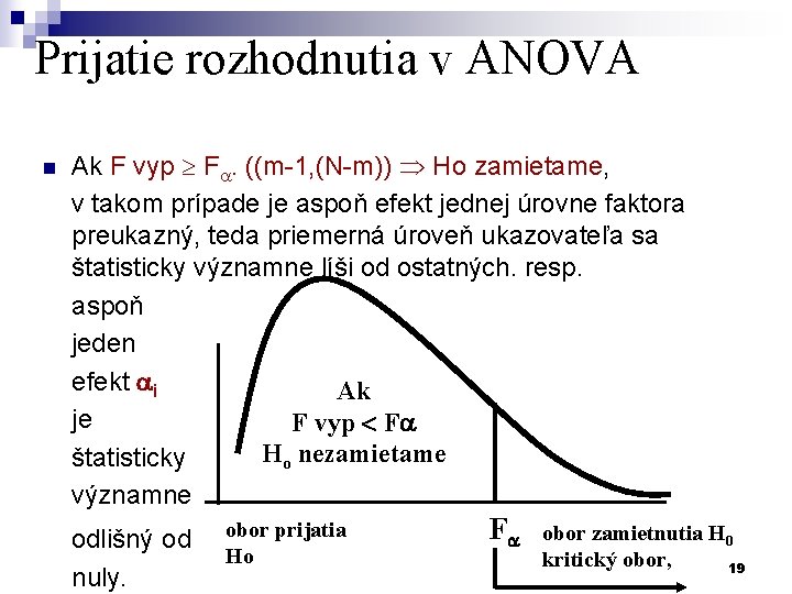 Prijatie rozhodnutia v ANOVA n Ak F vyp F. ((m-1, (N-m)) Ho zamietame, v