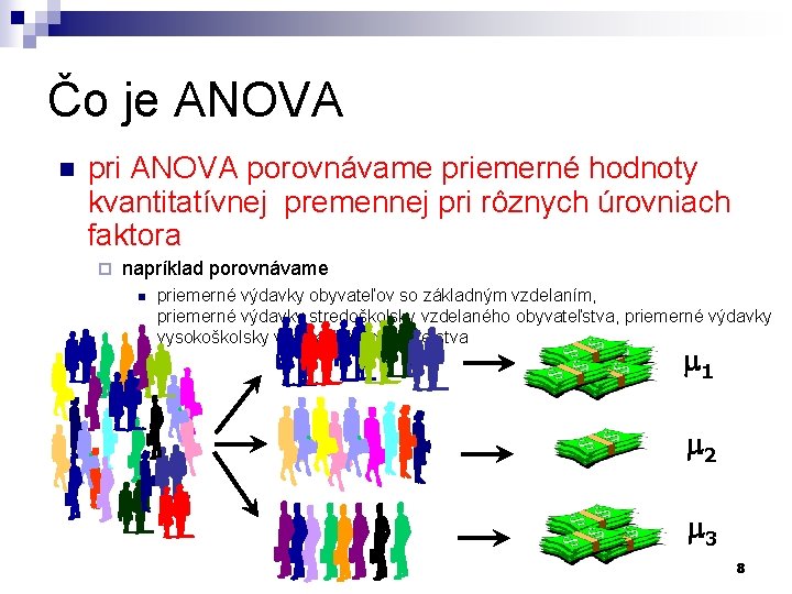Čo je ANOVA n pri ANOVA porovnávame priemerné hodnoty kvantitatívnej premennej pri rôznych úrovniach Čo je ANOVA n pri ANOVA porovnávame priemerné hodnoty kvantitatívnej premennej pri rôznych úrovniach