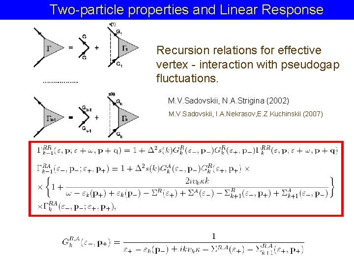 Two-particle properties and Linear Response Recursion relations for effective vertex - interaction with pseudogap