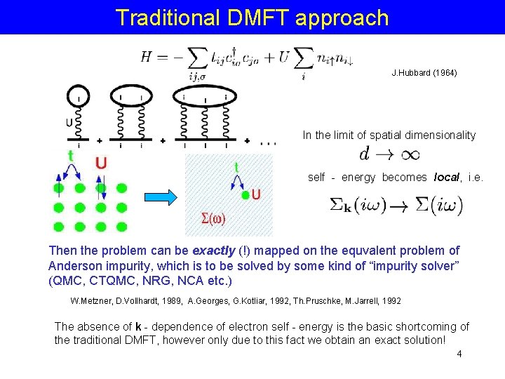 Traditional DMFT approach J. Hubbard (1964) In the limit of spatial dimensionality self -