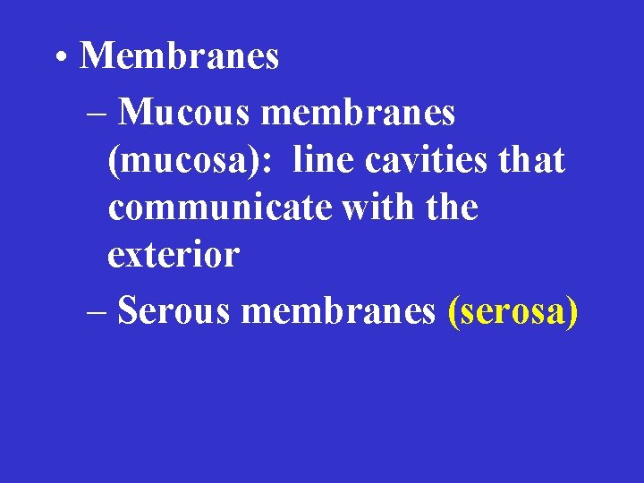  • Membranes – Mucous membranes (mucosa): line cavities that communicate with the exterior