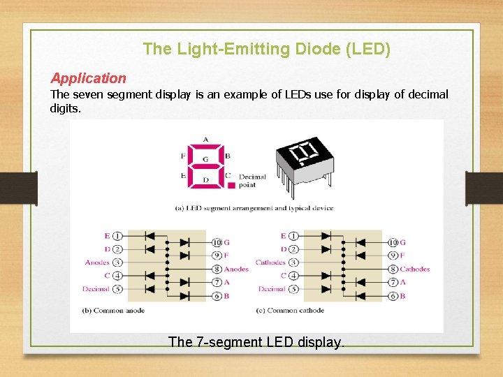 The Light-Emitting Diode (LED) Application The seven segment display is an example of LEDs