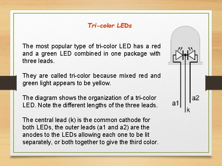 Tri-color LEDs The most popular type of tri-color LED has a red and a