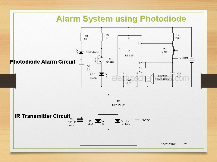 Alarm System using Photodiode Alarm Circuit IR Transmitter Circuit 11/21/2020 52 