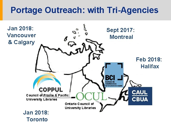 Portage Outreach: with Tri-Agencies Jan 2018: Vancouver & Calgary Sept 2017: Montreal Feb 2018: