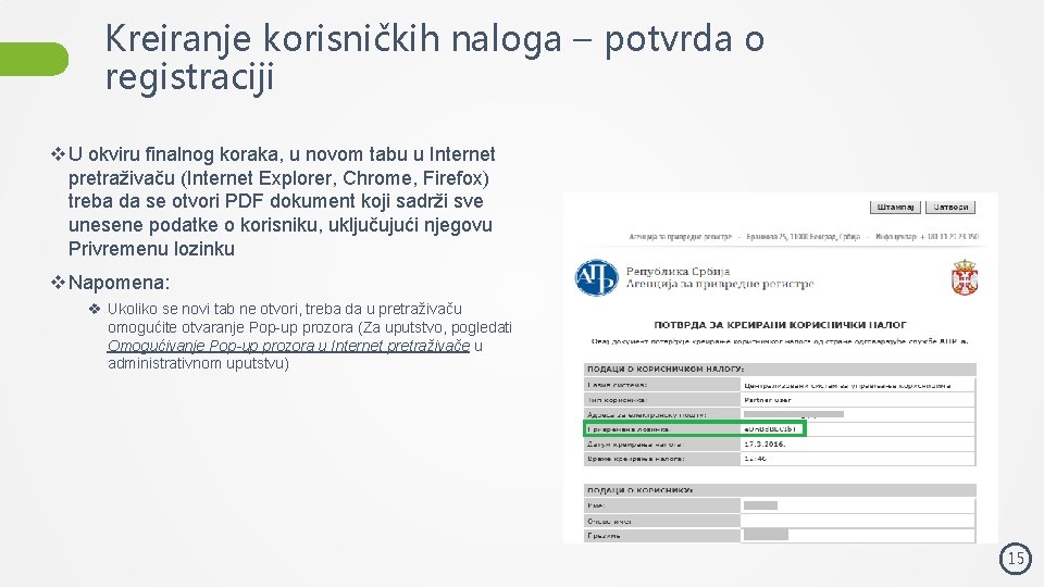 Kreiranje korisničkih naloga – potvrda o registraciji v U okviru finalnog koraka, u novom