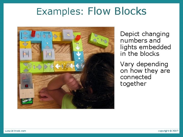 Examples: Flow Blocks Depict changing numbers and lights embedded in the blocks Vary depending