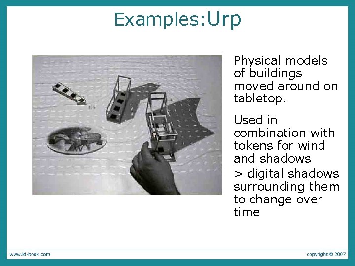 Examples: Urp Physical models of buildings moved around on tabletop. Used in combination with