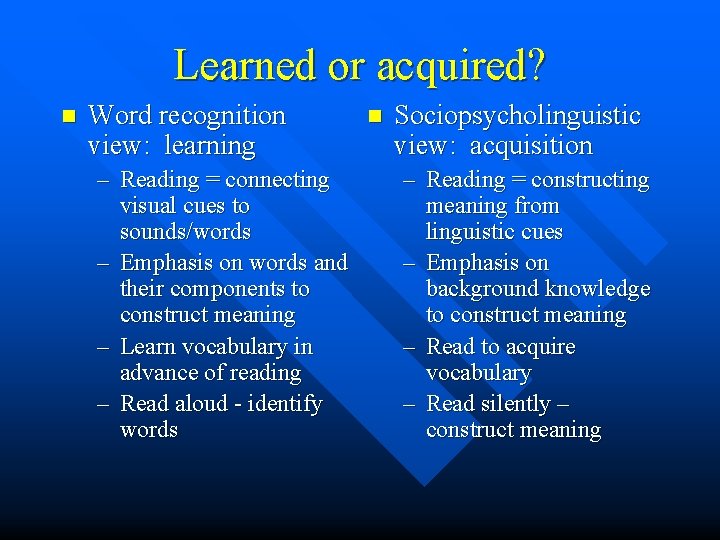 Learned or acquired? n Word recognition view: learning – Reading = connecting visual cues