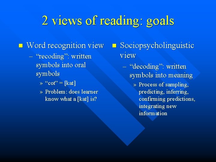 2 views of reading: goals n Word recognition view – “recoding”: written symbols into