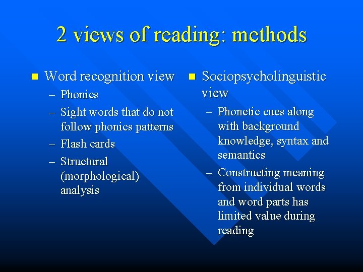 2 views of reading: methods n Word recognition view – Phonics – Sight words