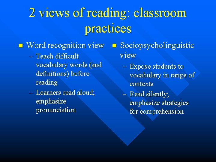 2 views of reading: classroom practices n Word recognition view – Teach difficult vocabulary