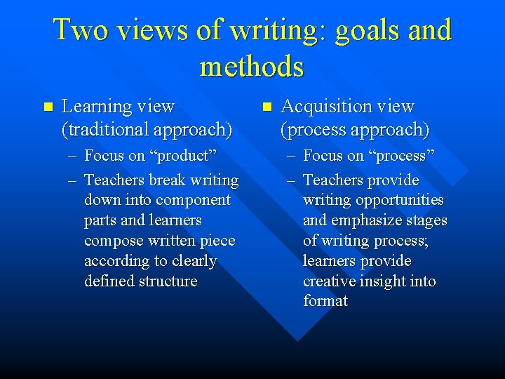 Two views of writing: goals and methods n Learning view (traditional approach) – Focus