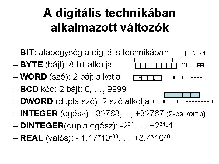 A digitális technikában alkalmazott változók 0→ 1 – BIT: alapegység a digitális technikában H A digitális technikában alkalmazott változók 0→ 1 – BIT: alapegység a digitális technikában H