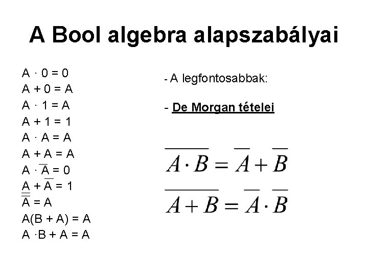 A Bool algebra alapszabályai A· 0=0 A+0=A A· 1=A A+1=1 A·A=A A+A=A A·A=0 A+A=1 A Bool algebra alapszabályai A· 0=0 A+0=A A· 1=A A+1=1 A·A=A A+A=A A·A=0 A+A=1
