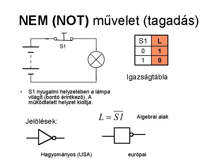 NEM (NOT) művelet (tagadás) S 1 L 0 1 1 0 Igazságtábla • S NEM (NOT) művelet (tagadás) S 1 L 0 1 1 0 Igazságtábla • S
