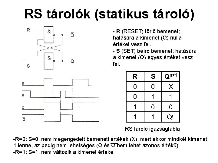 RS tárolók (statikus tároló) - R (RESET) törlő bemenet; hatására a kimenet (Q) nulla RS tárolók (statikus tároló) - R (RESET) törlő bemenet; hatására a kimenet (Q) nulla