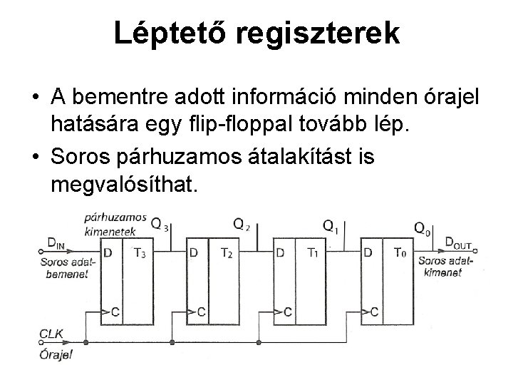 Léptető regiszterek • A bementre adott információ minden órajel hatására egy flip-floppal tovább lép. Léptető regiszterek • A bementre adott információ minden órajel hatására egy flip-floppal tovább lép.