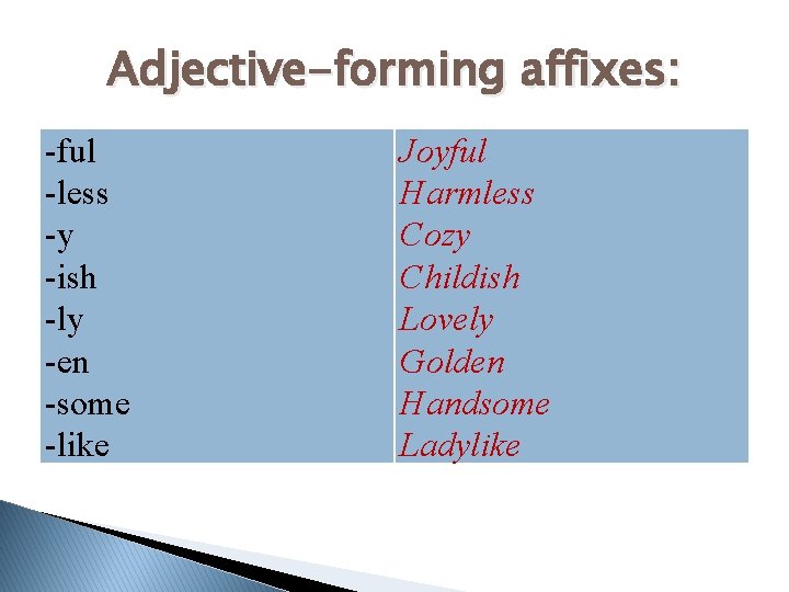 Adjective-forming affixes: -ful -less -y -ish -ly -en -some -like Joyful Harmless Cozy Childish