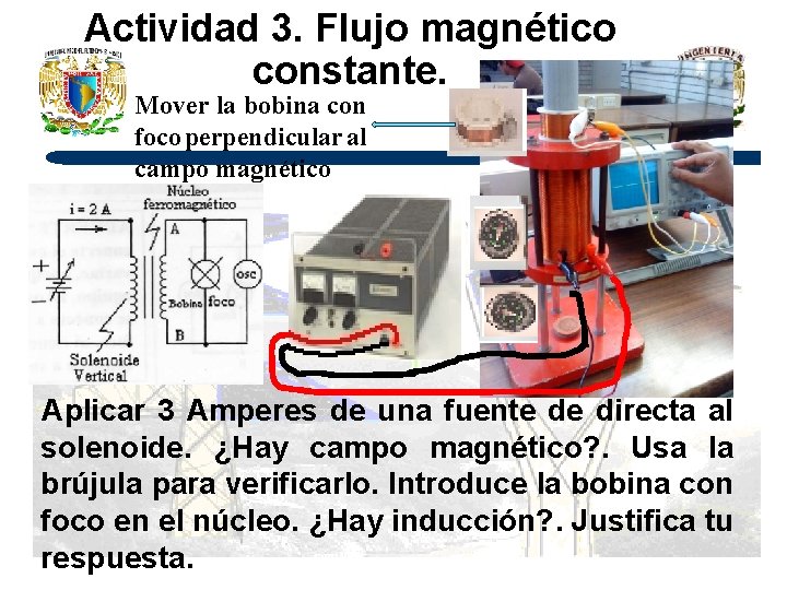 Actividad 3. Flujo magnético constante. Mover la bobina con foco perpendicular al campo magnético