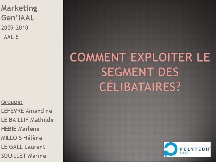 Marketing Gen’IAAL 2009 -2010 IAAL 5 Groupe: LEFEVRE Amandine LE BAILLIF Mathilde HEBIE Marlène