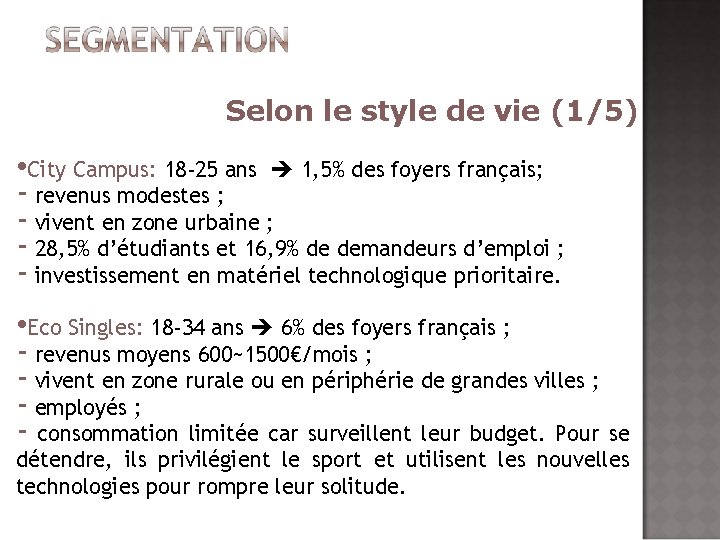 Selon le style de vie (1/5) • City Campus: 18 -25 ans 1, 5%