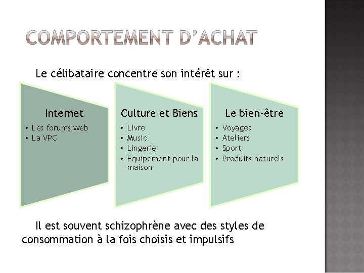 Le célibataire concentre son intérêt sur : Internet • Les forums web • La