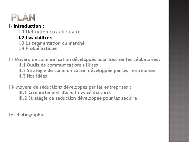 I- Introduction : I. 1 Définition du célibataire I. 2 Les chiffres I. 3