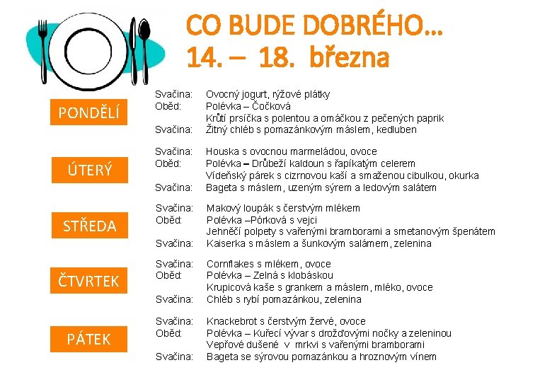 CO BUDE DOBRÉHO… 14. – 18. března PONDĚLÍ Svačina: Oběd: Svačina: ÚTERÝ Svačina: Oběd: