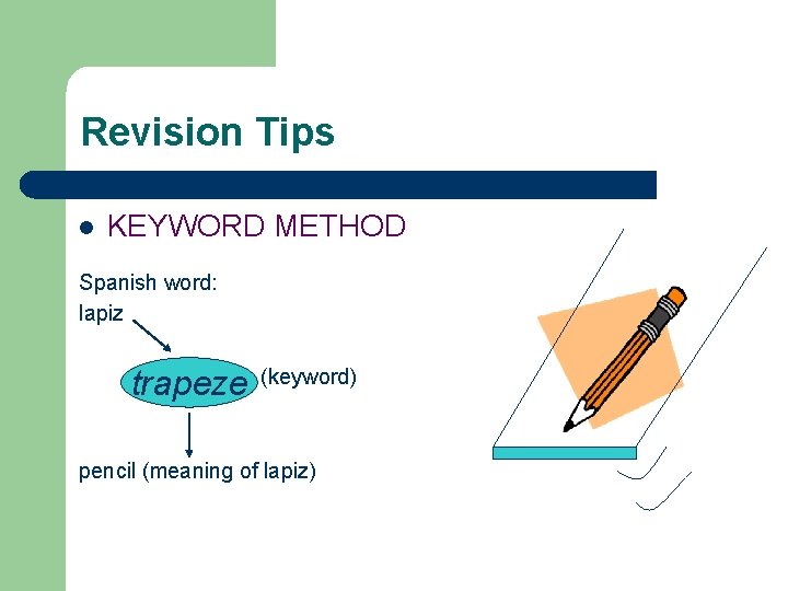 Revision Tips l KEYWORD METHOD Spanish word: lapiz trapeze (keyword) pencil (meaning of lapiz)