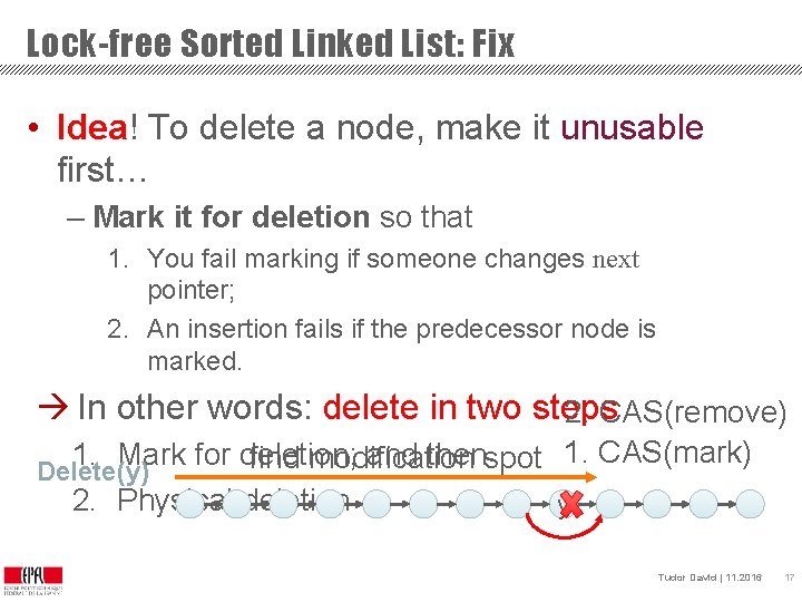 Lock-free Sorted Linked List: Fix • Idea! To delete a node, make it unusable