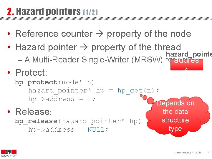 2. Hazard pointers (1/2) • Reference counter property of the node • Hazard pointer