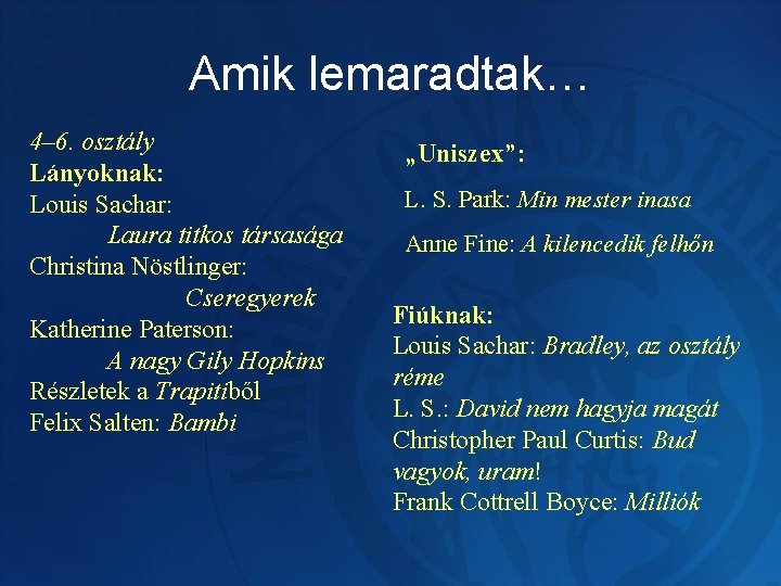 Amik lemaradtak… 4– 6. osztály Lányoknak: Louis Sachar: Laura titkos társasága Christina Nöstlinger: Cseregyerek