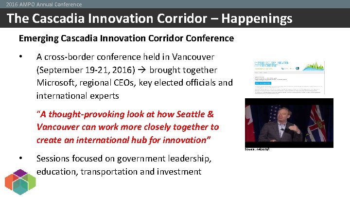 2016 AMPO Annual Conference The Cascadia Innovation Corridor – Happenings Emerging Cascadia Innovation Corridor
