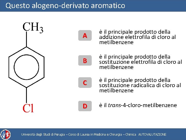 Questo alogeno-derivato aromatico A è il principale prodotto della addizione elettrofila di cloro al