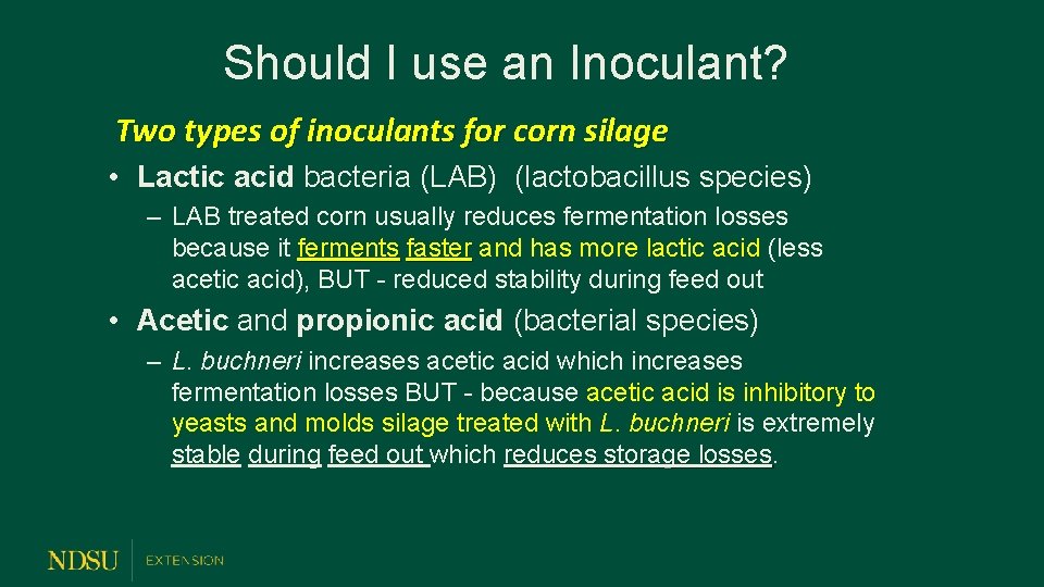 Should I use an Inoculant? Two types of inoculants for corn silage • Lactic