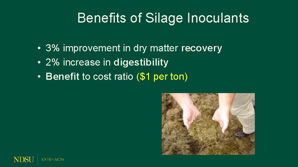 Benefits of Silage Inoculants • 3% improvement in dry matter recovery • 2% increase