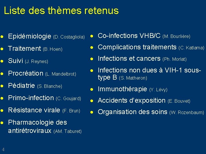 Liste des thèmes retenus · Epidémiologie (D. Costagliola) · Co-infections VHB/C (M. Bourlière) ·