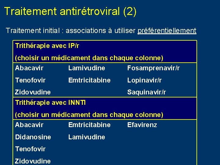 Traitement antirétroviral (2) Traitement initial : associations à utiliser préférentiellement Trithérapie avec IP/r (choisir