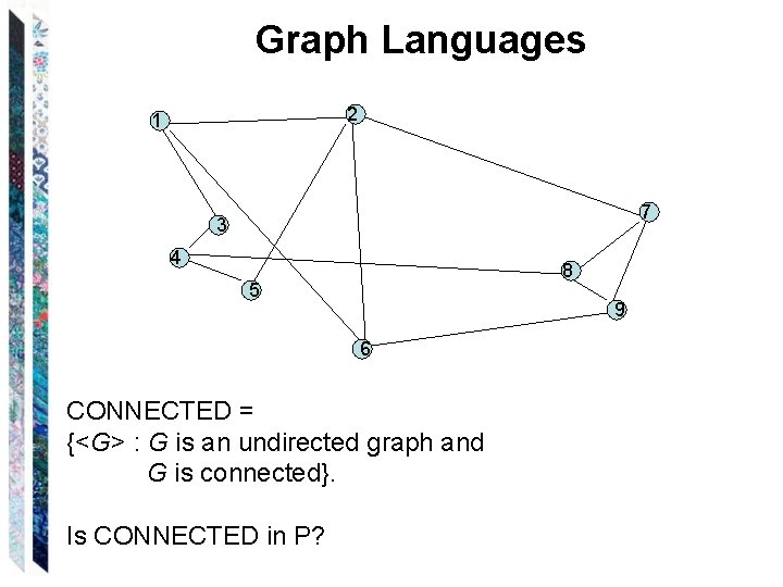 Graph Languages 2 1 7 3 4 8 5 9 6 CONNECTED = {<G>