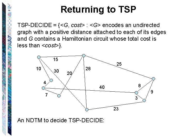 Returning to TSP-DECIDE = {<G, cost> : <G> encodes an undirected graph with a
