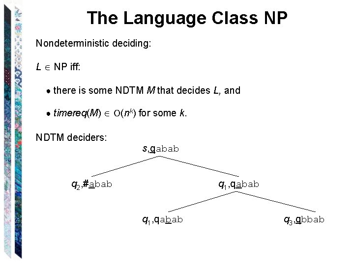 The Language Class NP Nondeterministic deciding: L NP iff: ● there is some NDTM