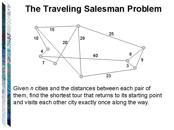 The Traveling Salesman Problem 15 10 20 4 25 28 8 40 9 7